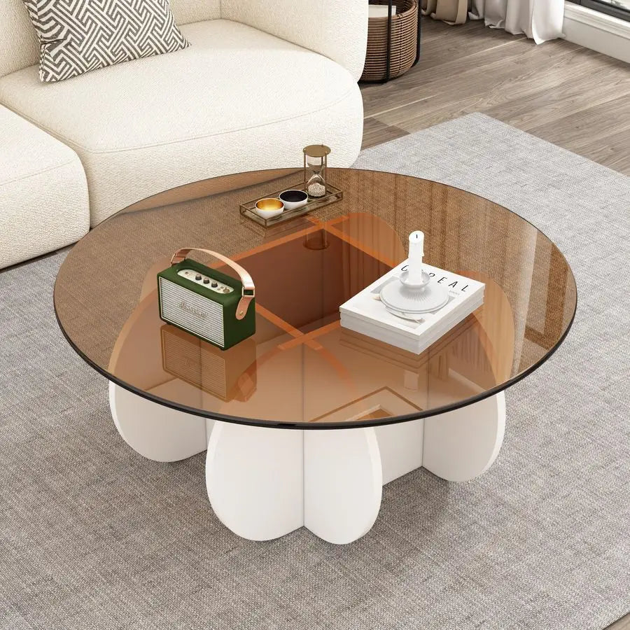 XMSJ Mid Century Round Glass Coffee Table For Living Room