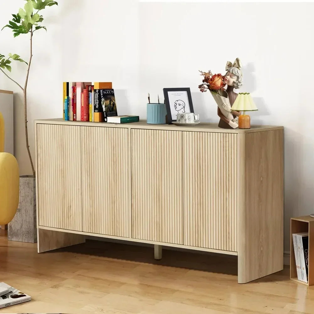 Sideboard Buffets Cabinet, Modern Accent Storage Cabinet with 4 Fluted Doors and Adjustable Shelves