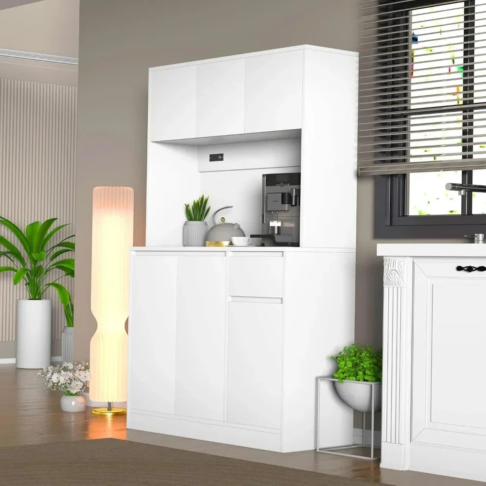 71" Tall White Kitchen Pantry Cabinet,Kitchen Pantry Storage Cabinet with Power Outlet,Freestanding Kitchen Hutch w/ countertop