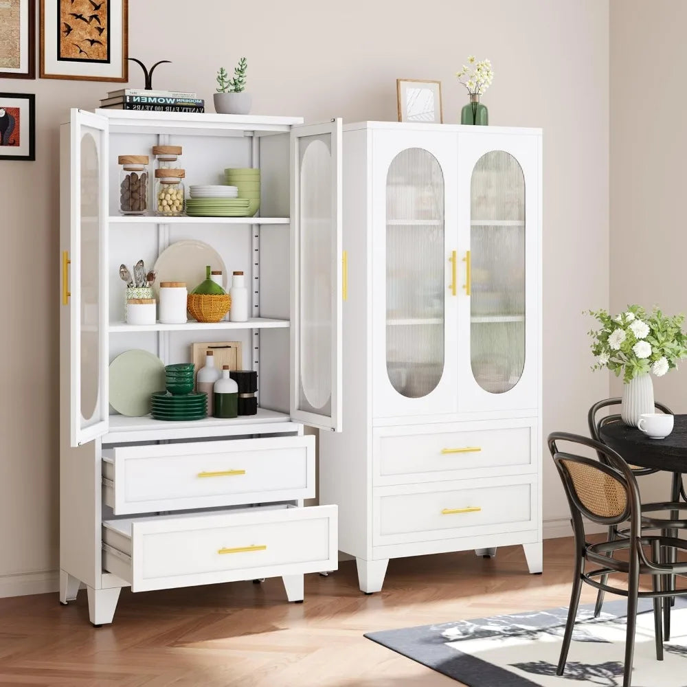 61" Tall Kitchen Pantry Storage Cabinet, White Metal Storage Cabinet with Adjustable Shelves & Glass Doors & Drawers, Food Pantr