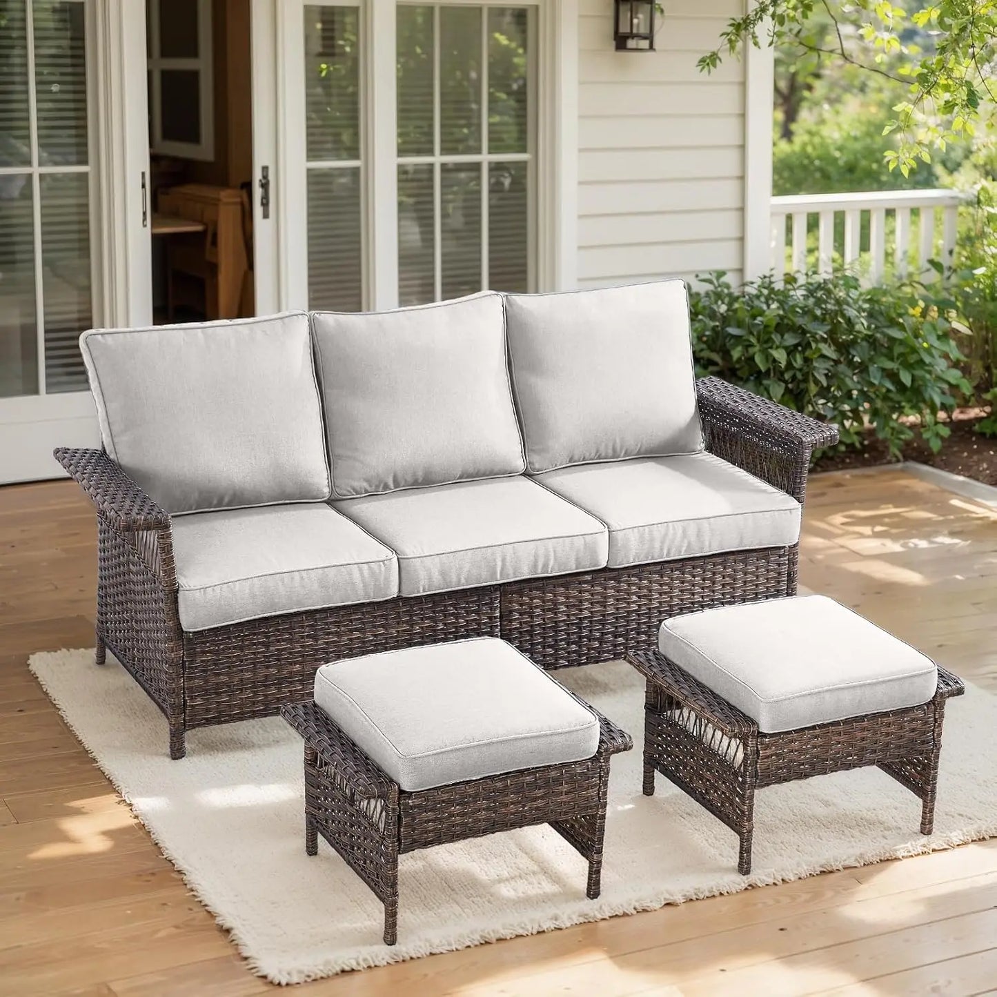 Outdoor Wicker Sofa Set with Two Ottomans and Blue Cushions for Patio, Garden, Balcony, Sunroom, and Backyard