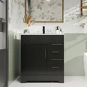 30" Bathroom Vanities Sink Combo with Painted Surface, Modern Drawered Cabinet W/Decorative Wave Lines, Undermount Single Sink,