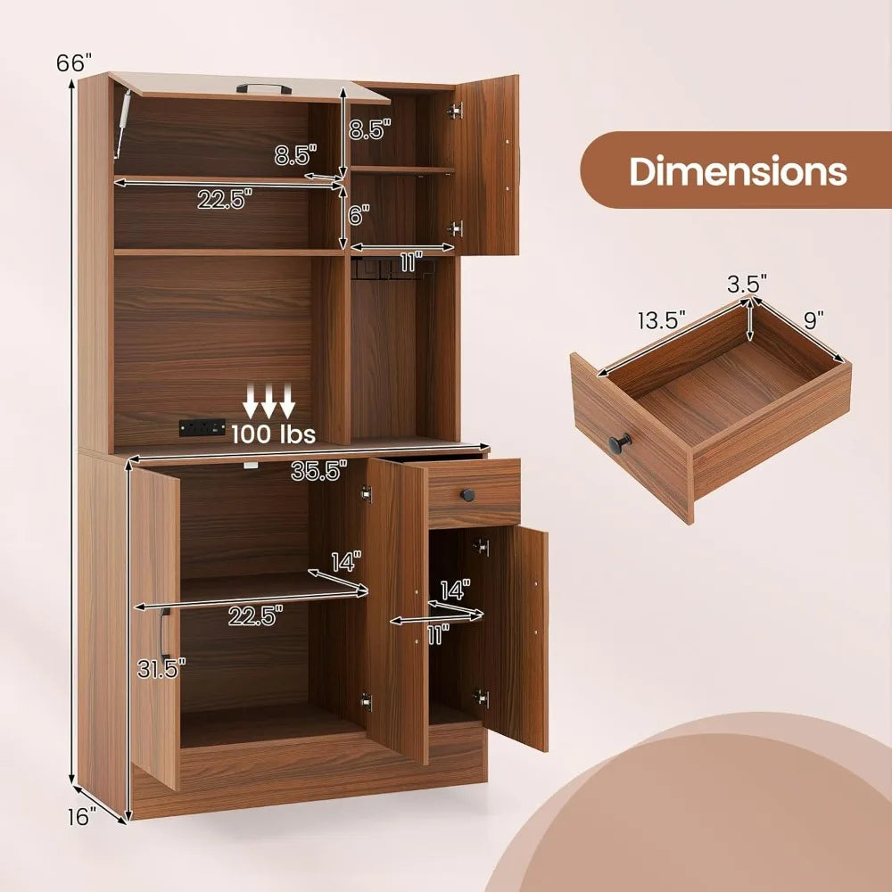 Kitchen Pantry Cabinet 66" with Charging Station, Tall Buffet Hutch Cabinet with Microwave Stand, Storage Drawers, Adjustable Sh