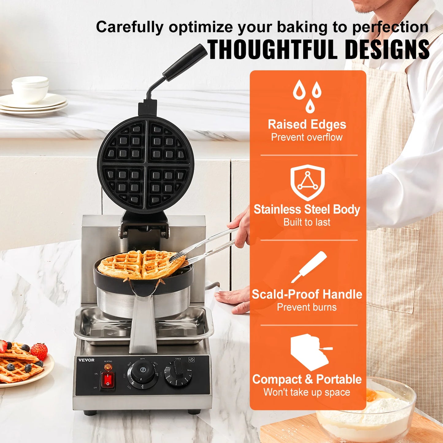 VEVOR Electric Waffle Maker Nonstick Round Stainless Steel