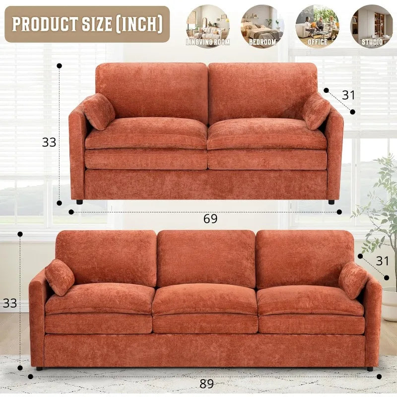 Chenille Couch Set 2 Piece With Well Filled Pillows Backrests