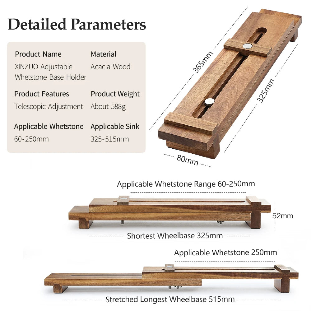 XINZUO Acacia Wood Whetstone Base Holder Adjustable Telescopic Solid Knife Sharpening Block for Kitchen Knives