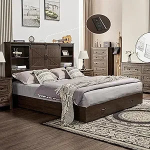 RBXC Bed Frame With Bookcase Headboard 2 Drawers And Charging Station