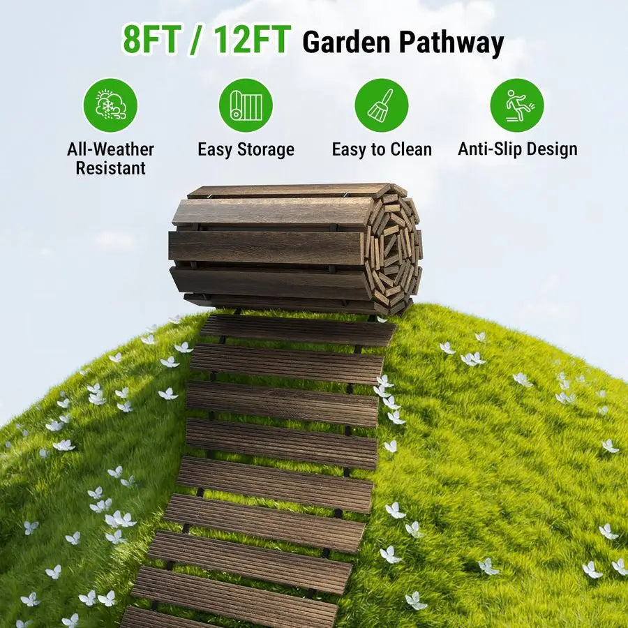 8FT x 17IN Wooden Garden Pathway, Outdoor Roll Out Decorative Garden Walkway, WeatherResistant NonSlip Hardwood Walkway Pavers f