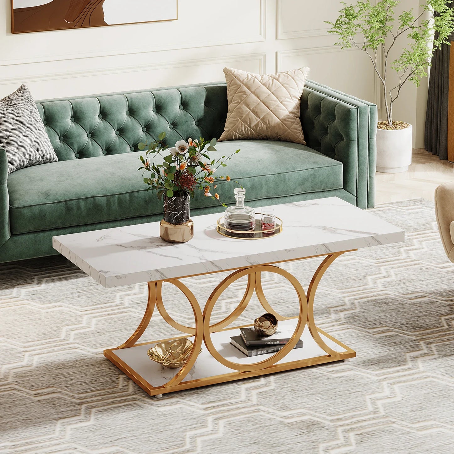 Tribesigns Rectangle Coffee Table Modern Two Tier Faux Marble Wood