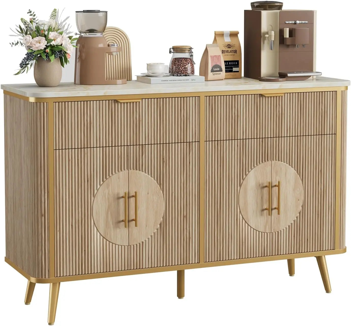 "47.2" Fluted Buffet Cabinet - Modern Coffee Bar with 2 Drawers & Adjustable Shelves, Kitchen/Dining Room Sideboard"