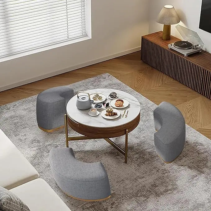 32 "coffee table set, round marble coffee table with storage and nested footstool, modern functional living room furniture set