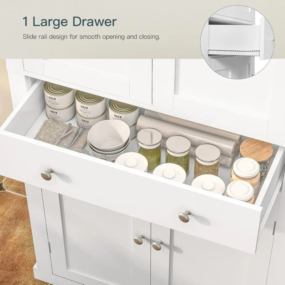 Four-Door Tall Kitchen Pantry Cabinet with Drawer and Adjustable Hanging Shelves