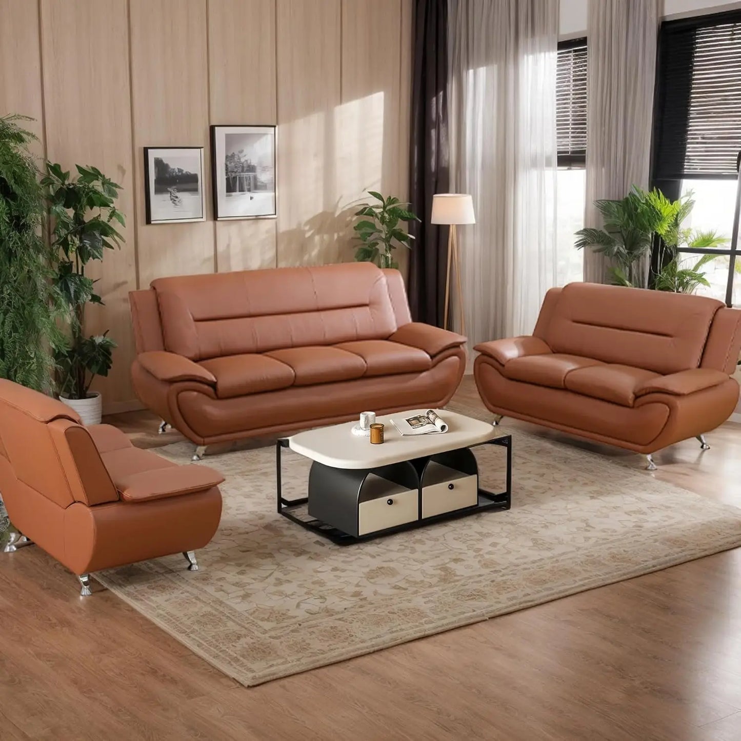 Leather Living Room Sofa Set With Metal Leg Supports
