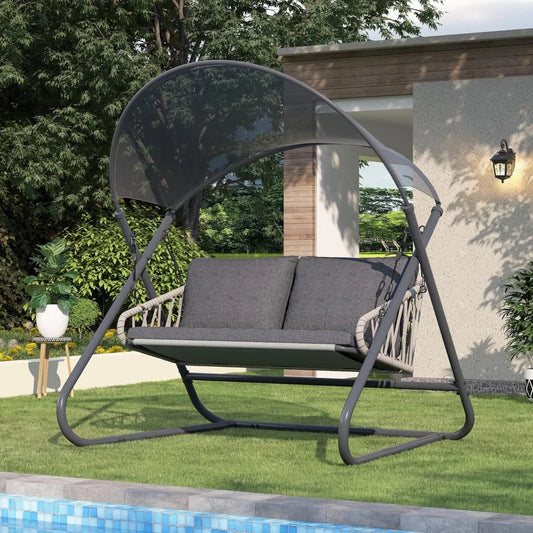 MKDK Double Seat Outdoor Swing Canopy Cushioned Bench