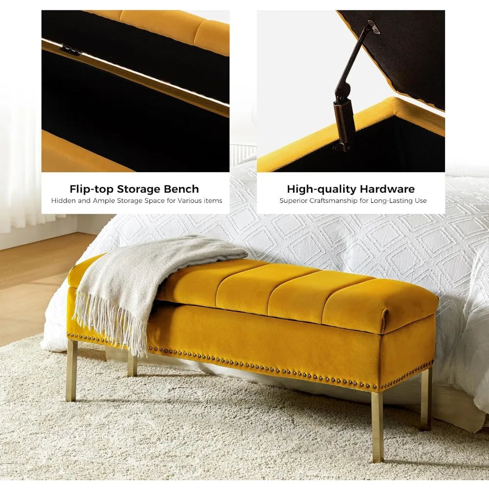 Velvet Flip Top Storage Ottoman Bench With Nailhead Trim