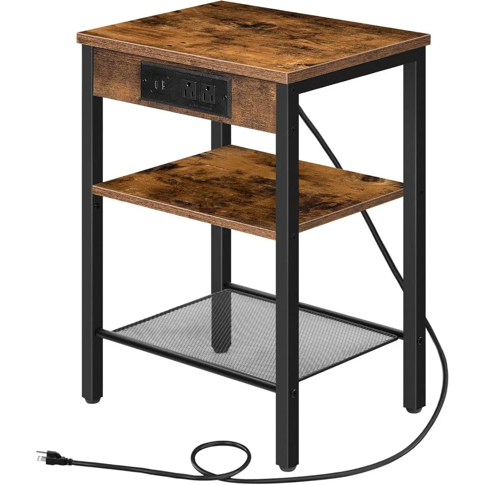 Compact Side Table With Charging Station USB Ports Adjustable Shelves