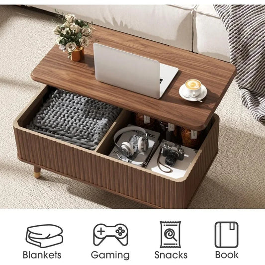 Lift Top Coffee Table with Storage Shelf & Hidden Compartment, Mid Century Modern Fluted Rectangle Dining Table