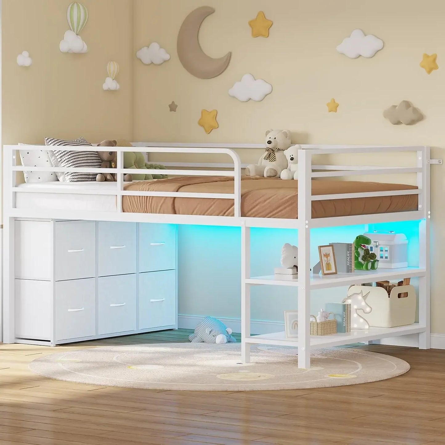 XMSJH Loft Bed With 6 Drawers LED Lights Metal Frame