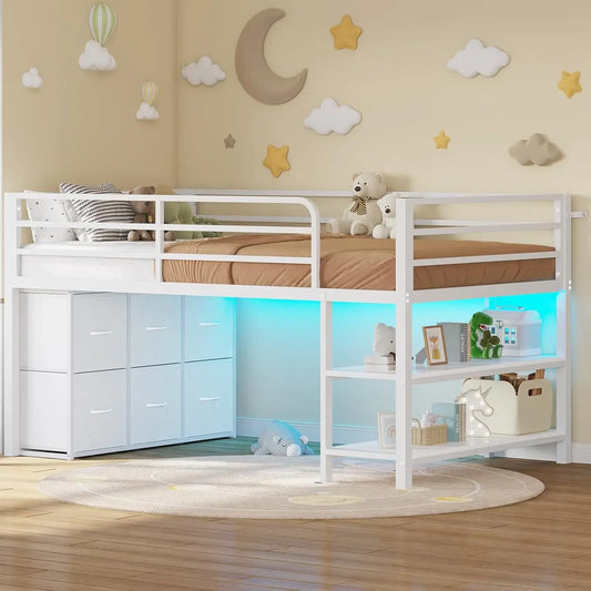 XMSJH Loft Bed With 6 Drawers LED Lights Metal Frame