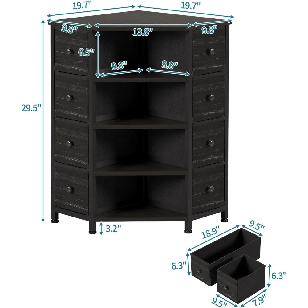 8 Drawer Corner Dresser With Fabric Drawers And Open Shelves