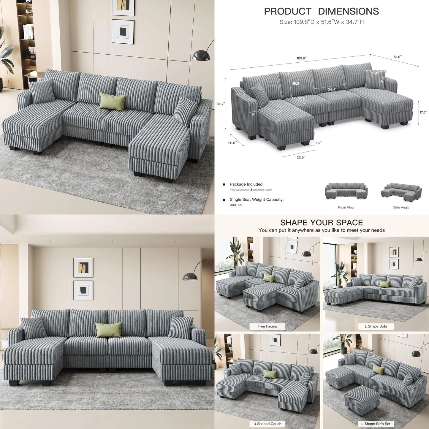 U Shape Reversible Sectional Sofa Ottoman Corduroy Living Room Set
