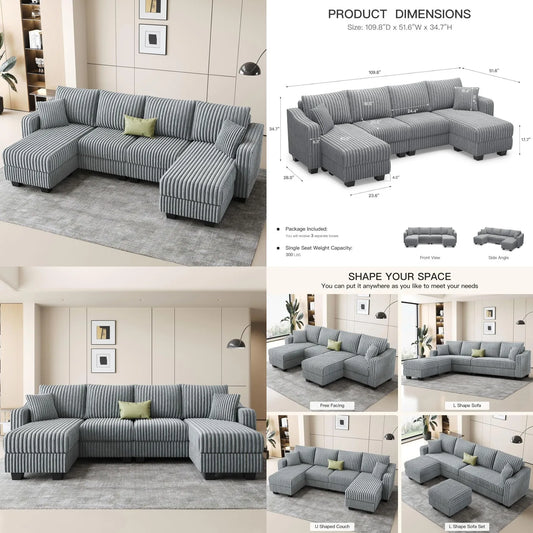 U Shape Reversible Sectional Sofa Ottoman Corduroy Living Room Set