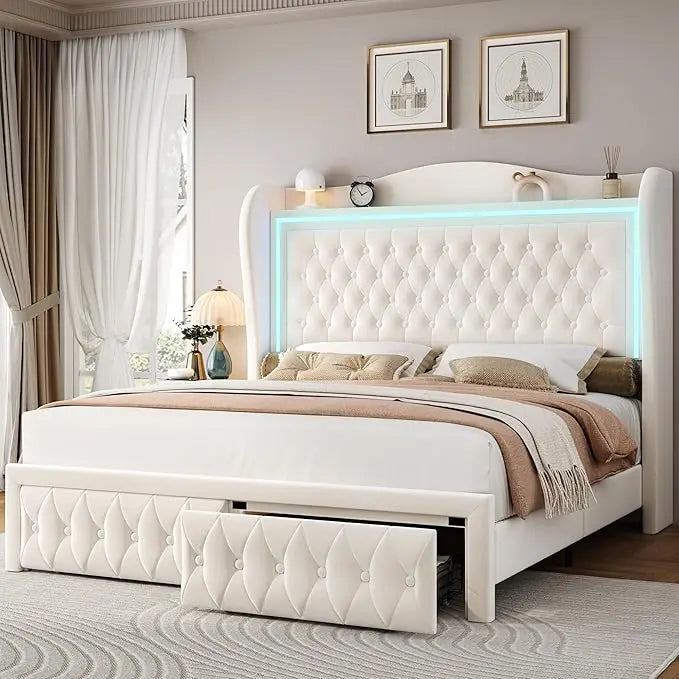 Queen Bed Frame 55" Tall Headboard with LED Lights, Buttons Tufted Velvet Upholstered Platform Bed Frame with 2 Storage Drawers,