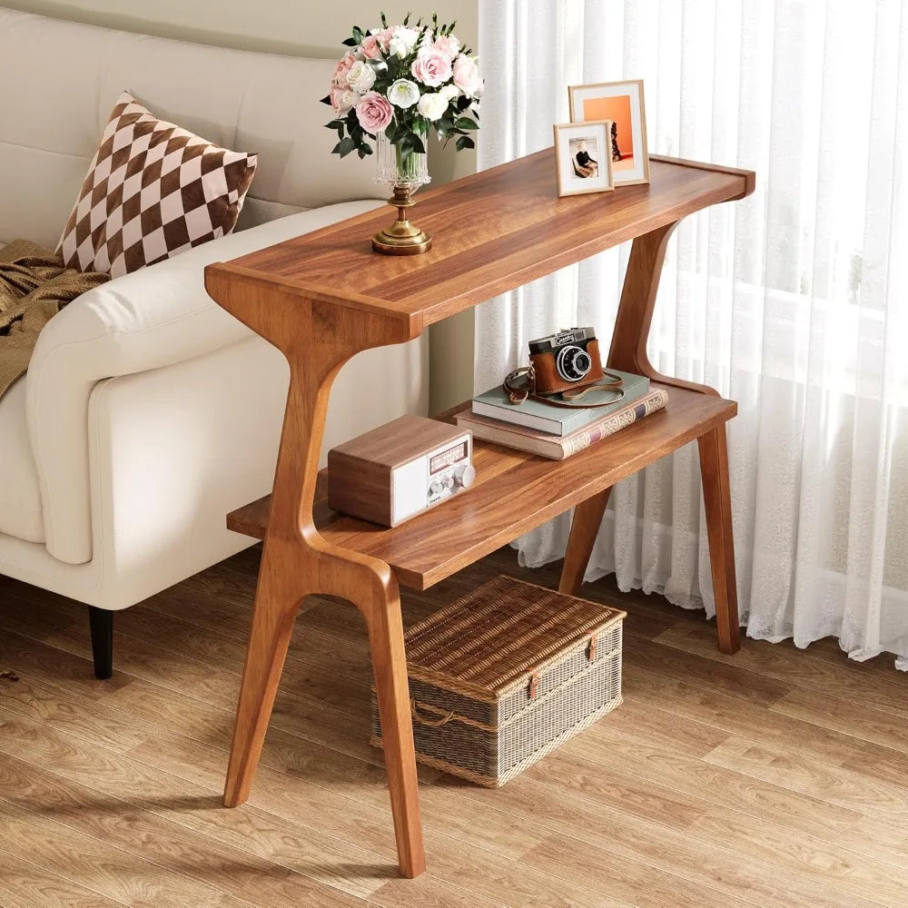 Hignconcerned Narrow End Table With Solid Wood Legs Storage