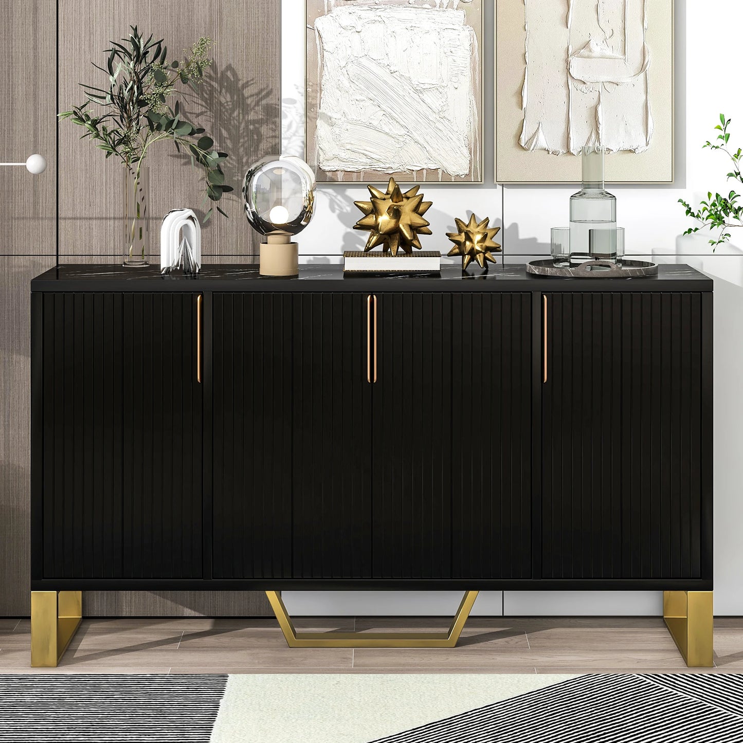 Modern Four Door Sideboard With Metal Handles And Adjustable Shelves