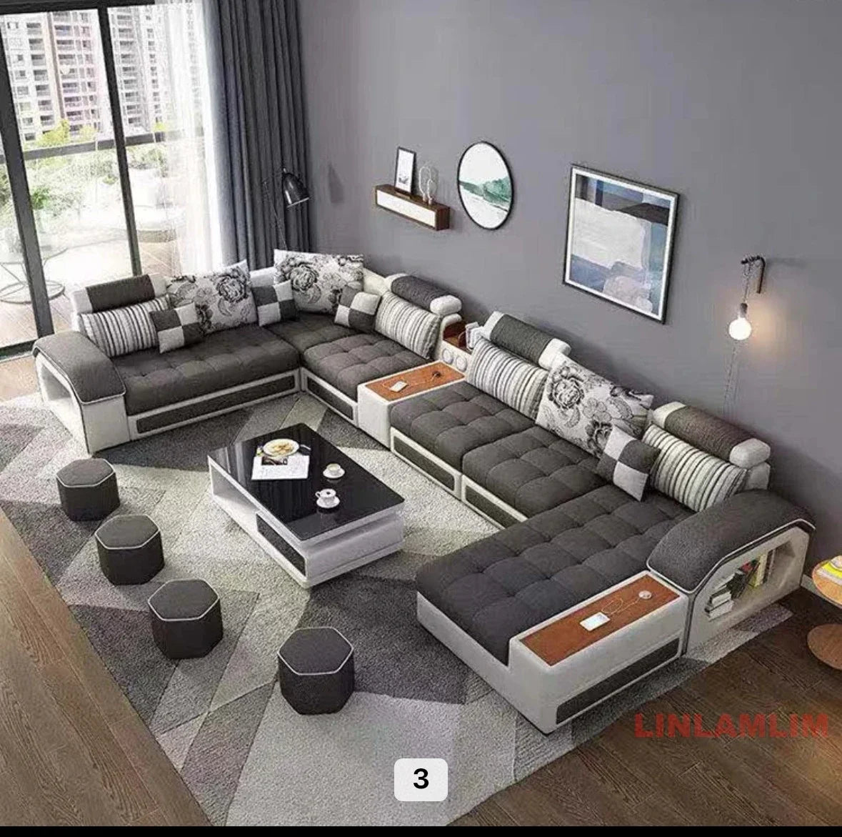 MANBAS U Shaped Fabric Sofa Set With Storage And USB