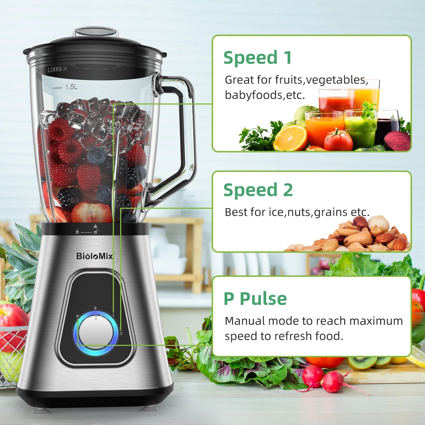BioloMix 1300W Smoothie Blender For Frozen Fruit Drinks