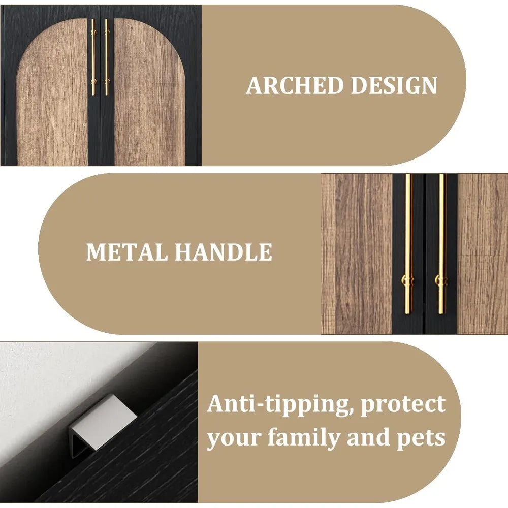 62" Antique Buffet Cabinet with Hutch, Vintage Sideboard Console for Dining Room & Kitchen, 2 Adjustable Shelves, Arched Doors