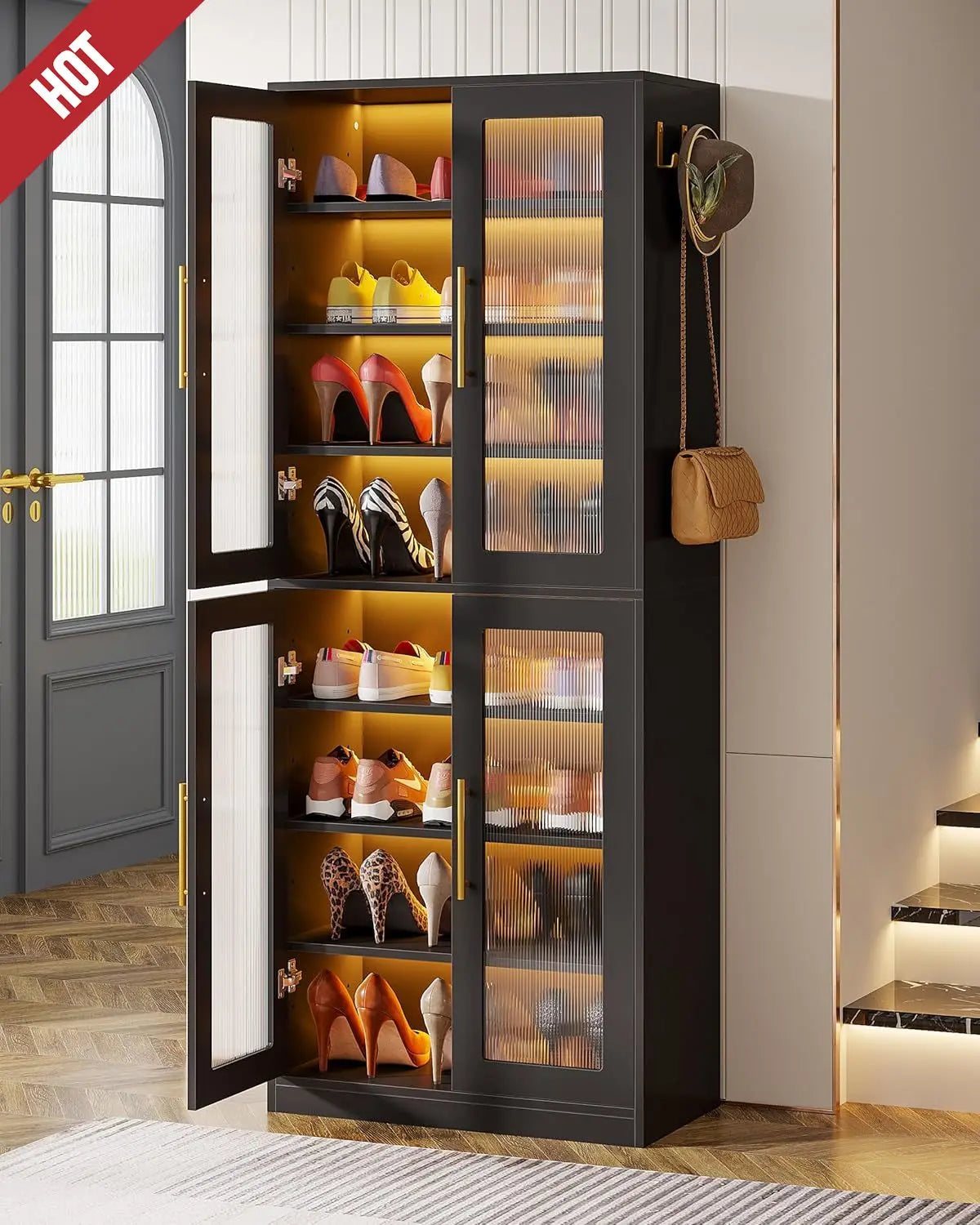 NEW Black Shoe Storage Cabinet with Acrylic Doors and LED Lights, 8-Tier Tall Entryway Shoe Organizer Rack,Living Room