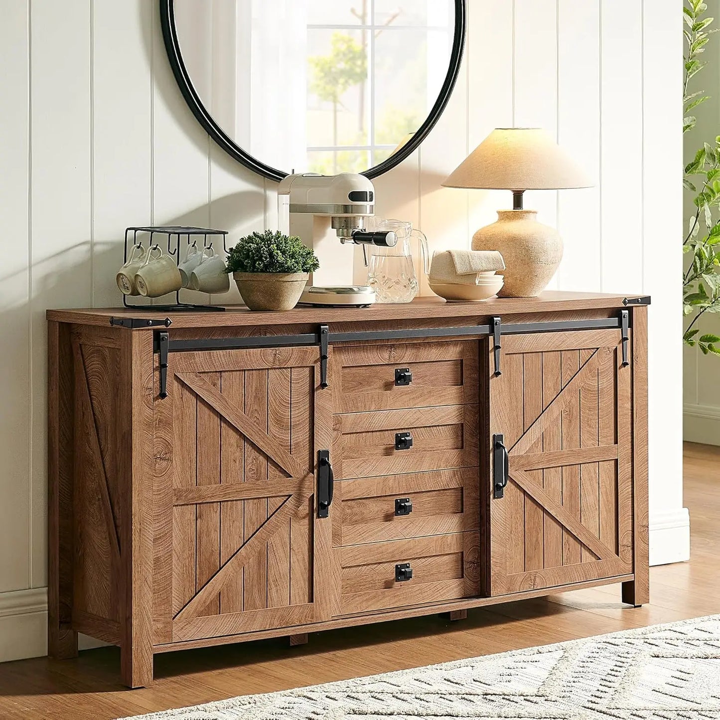 T4TREAM Farmhouse Sideboard Buffet With Storage Sliding Barn Door 4 Drawers