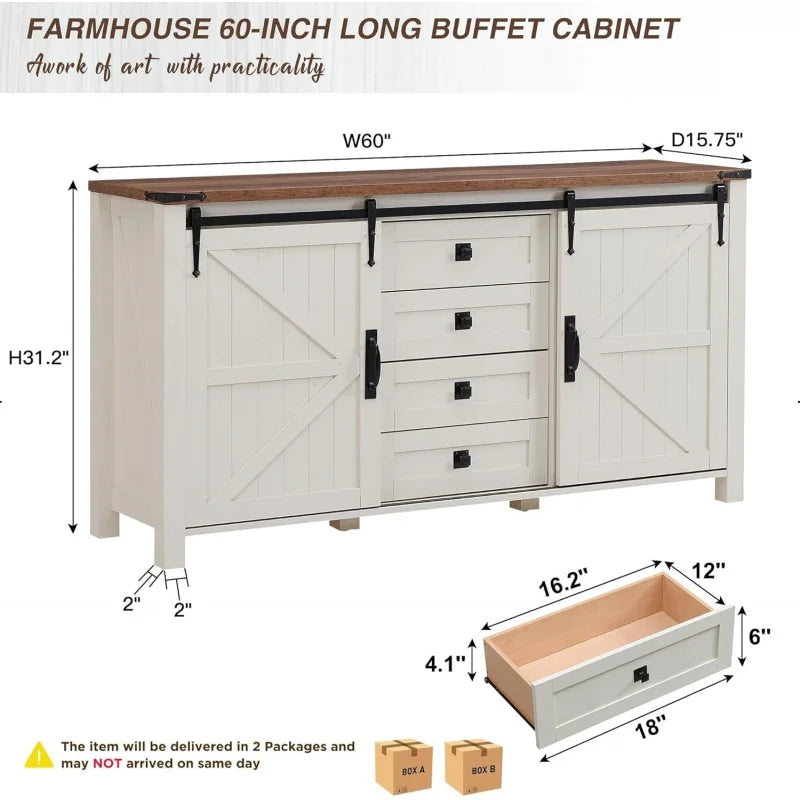 T4TREAM Farmhouse Sideboard Buffet With Storage Sliding Barn Door 4 Drawers