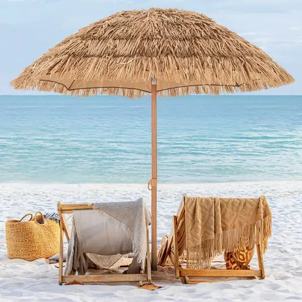 Thatched Tiki Umbrella With Foldable Tilt Stand Outdoor Patio