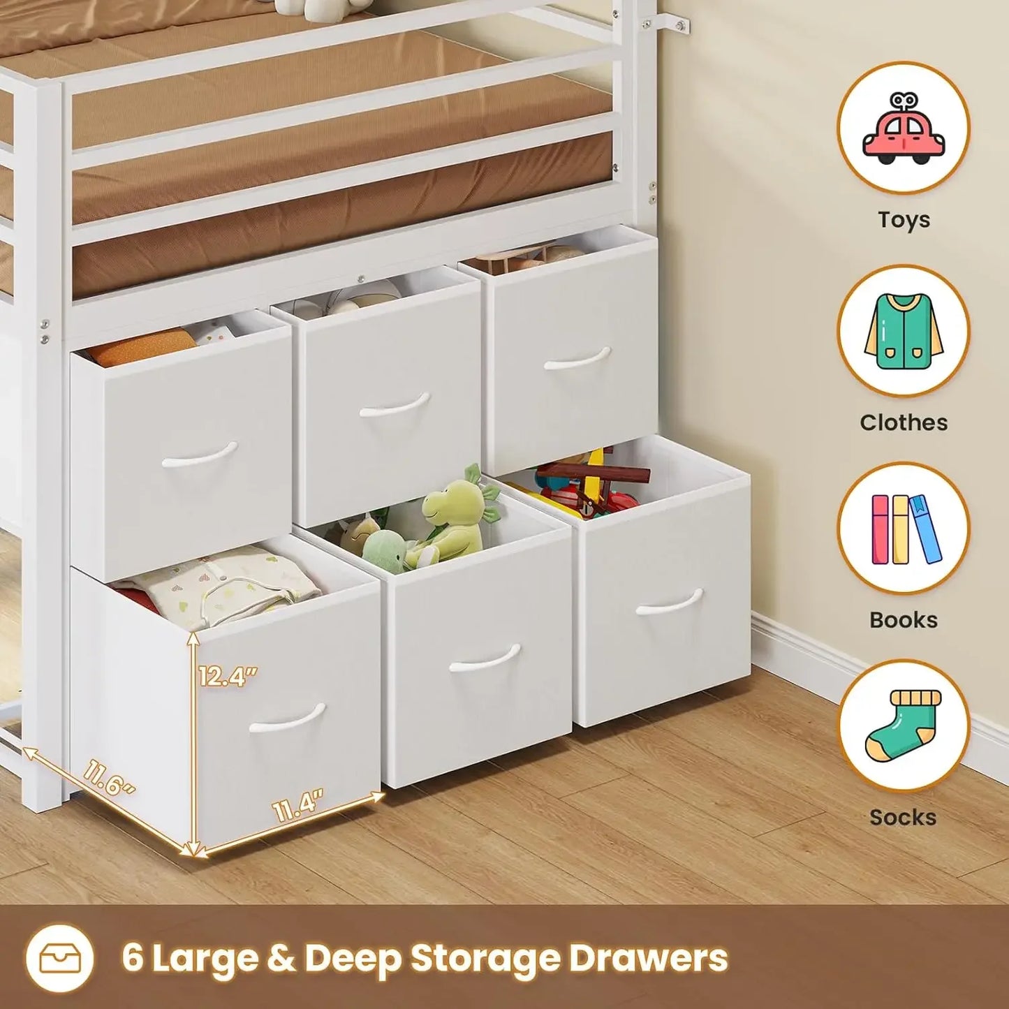 XMSJH Loft Bed With 6 Drawers LED Lights Metal Frame