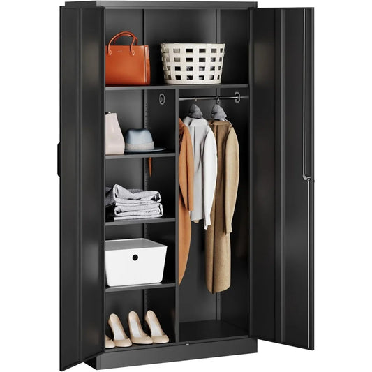 Metal Wardrobe Cabinet with Lock, 72 Armoire Closet with Hanging Rod, Lockable Storage Locker, Black Storage Cabinet with Lockin