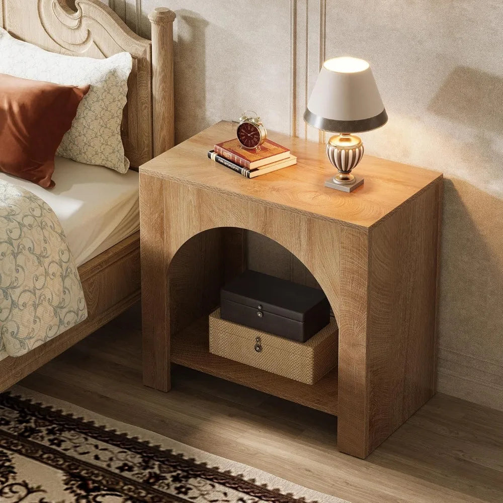 Nightstand with Storage, Large Bedside Table for Bedroom, Farmhouse Night Stand with Wooden Base, Wooden Side End Table for Bed
