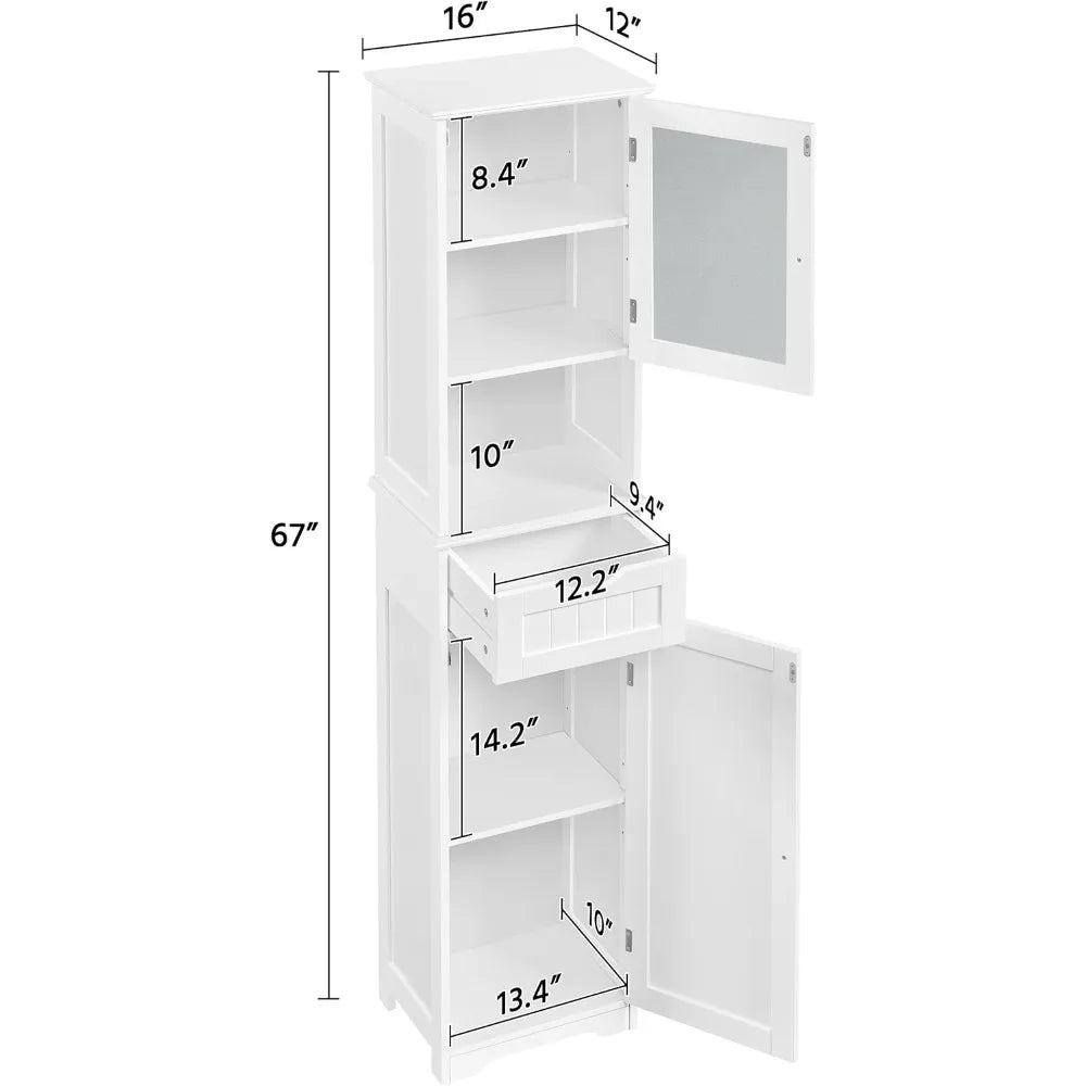 Freestanding Tall Bathroom Storage Cabinet with Glass Door and Adjustable Shelving