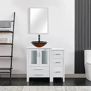 36" Modern Bathroom Vanity Sink Combo White W/Small Side Cabinet Turquoise Square Glass Vessel Sink & Water Save Faucet & Pop U