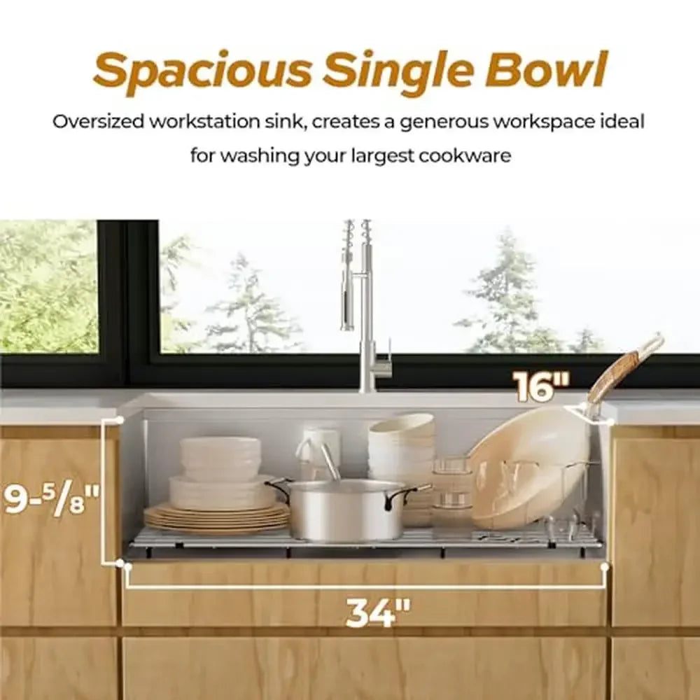 36" Undermount Kitchen Sink Stainless Steel Single Bowl Integrated Ledge and Accessories Included Deep Large Capacity Quiet