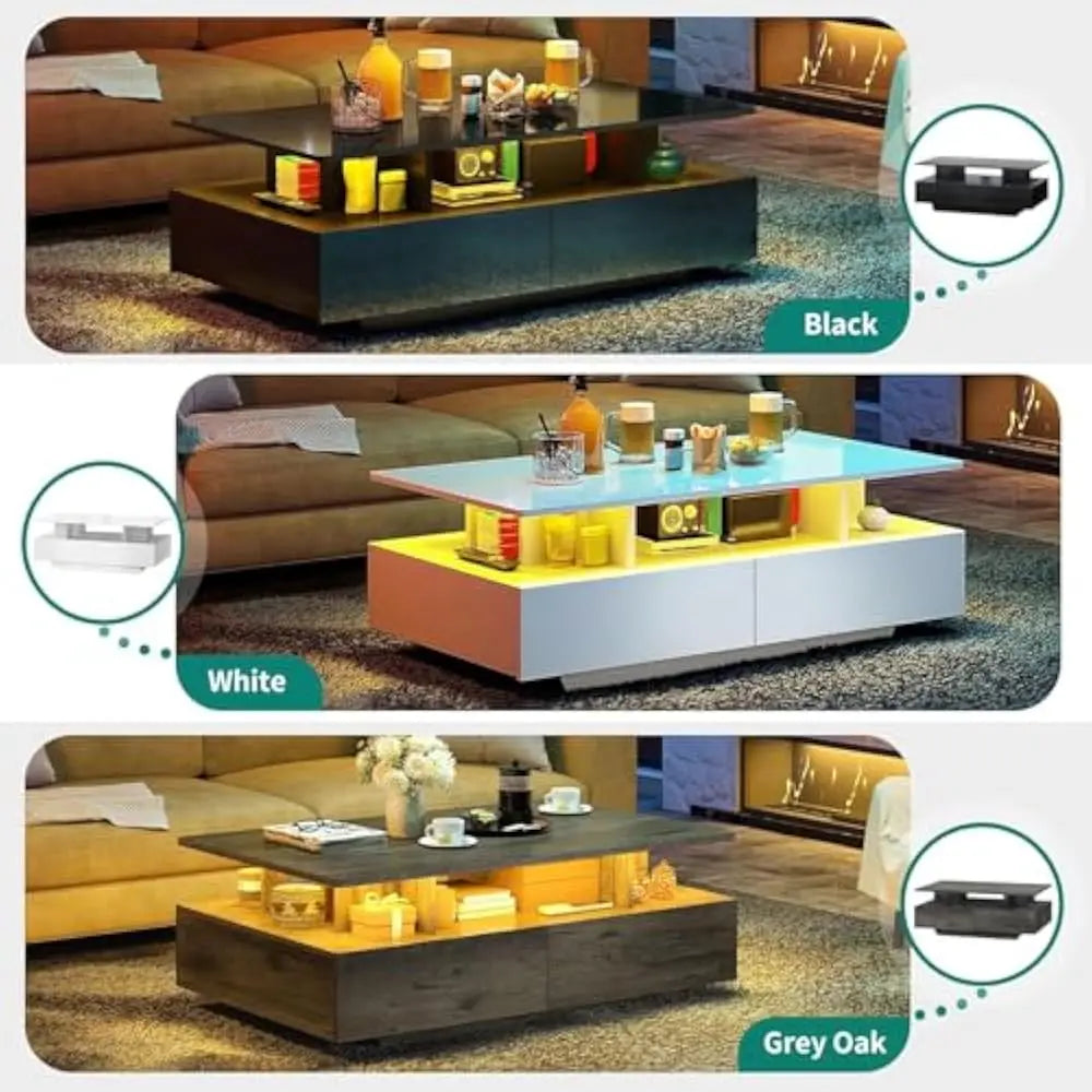LED Coffee Table With 4 Sliding Drawers And Open Display Shelf