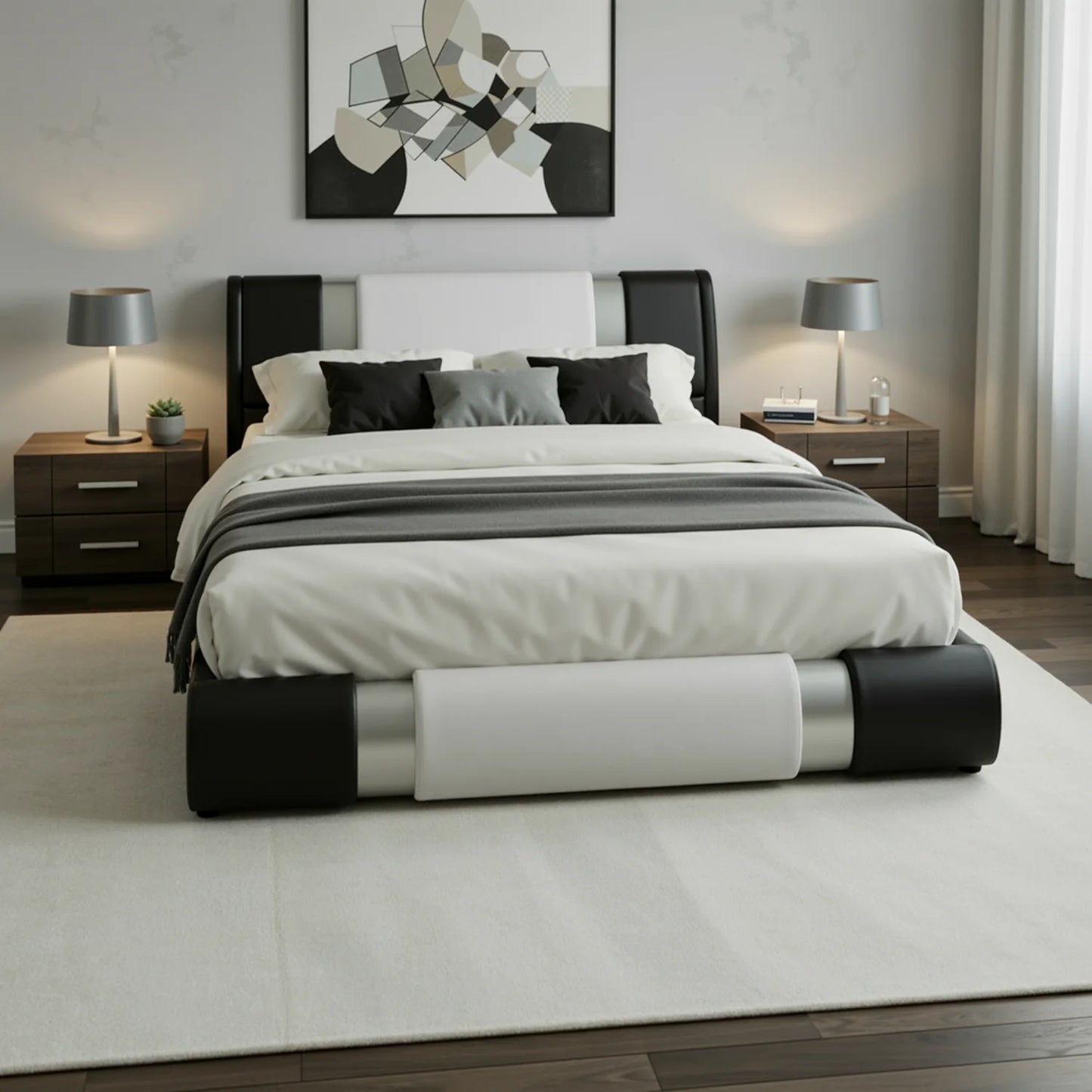 HOOMIC Modern Platform Bed Frame Faux Leather Upholstered Metal Accents
