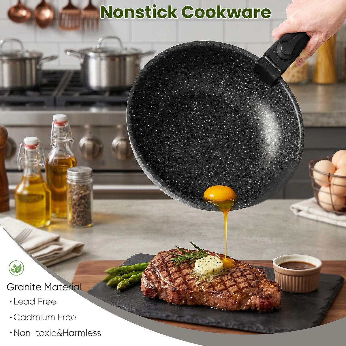 PFAS Free Ceramic Nonstick Induction Cookware Set With Detachable Handles
