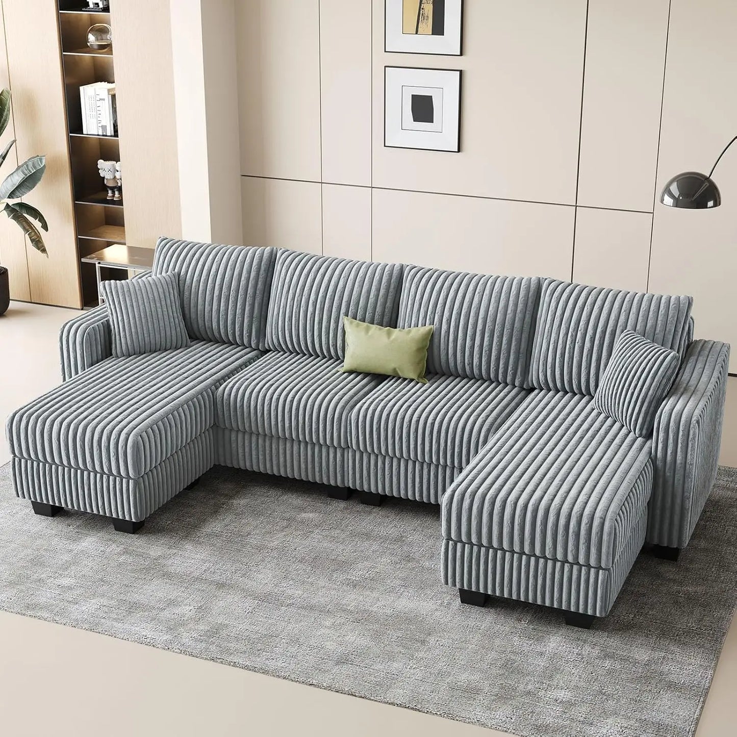 U Shape Reversible Sectional Sofa Ottoman Corduroy Living Room Set
