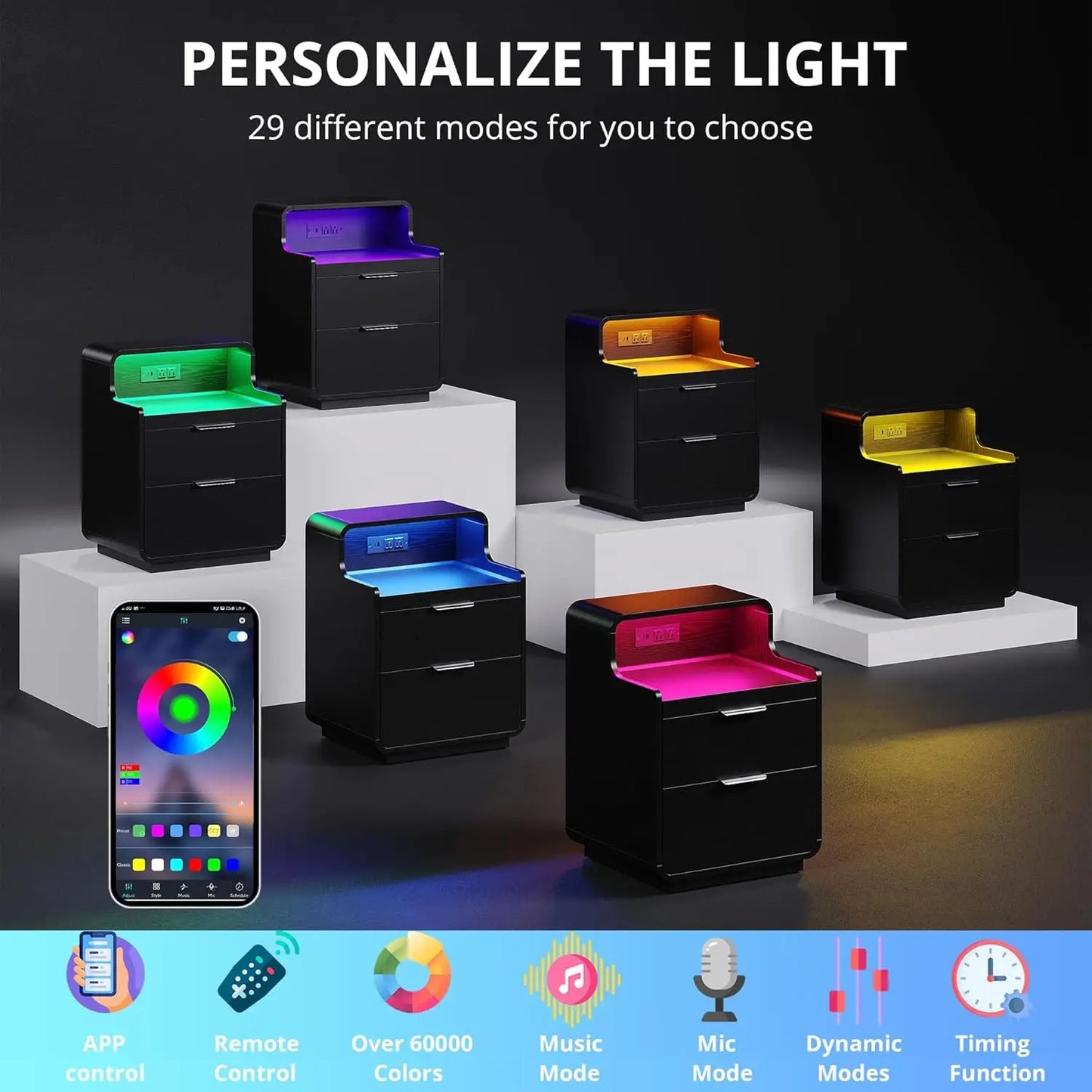 Likimio Nightstand With Charging Station And LED Lights Bedside Table With Pull Out Shelf For Bedroom Black