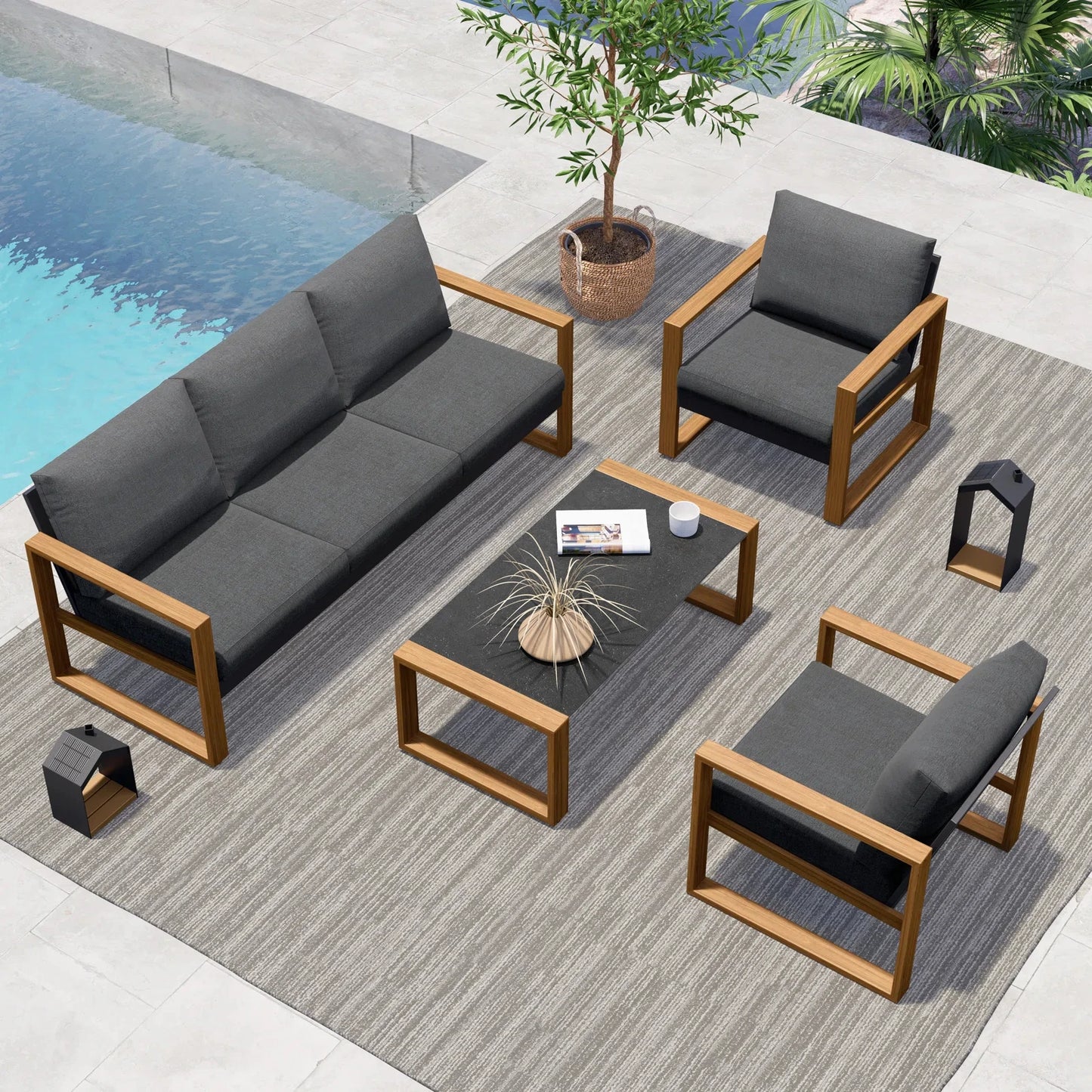 Grand Patio 5 Seater Modern Conversation Set With Faux Wood Frame Cushions