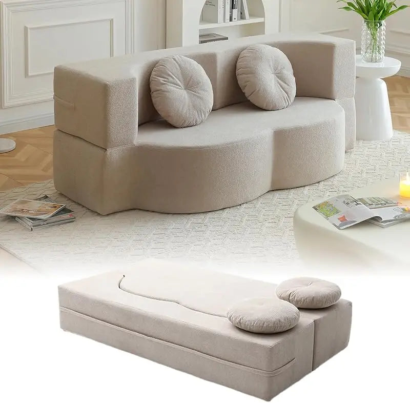 (UUX)76" Convertible Futon Bed, Boneless Sleeper Sofa Couch with 2/Pillows Teddy Fabric, 2-in-1 Comfy Floor & Foldable L UQ