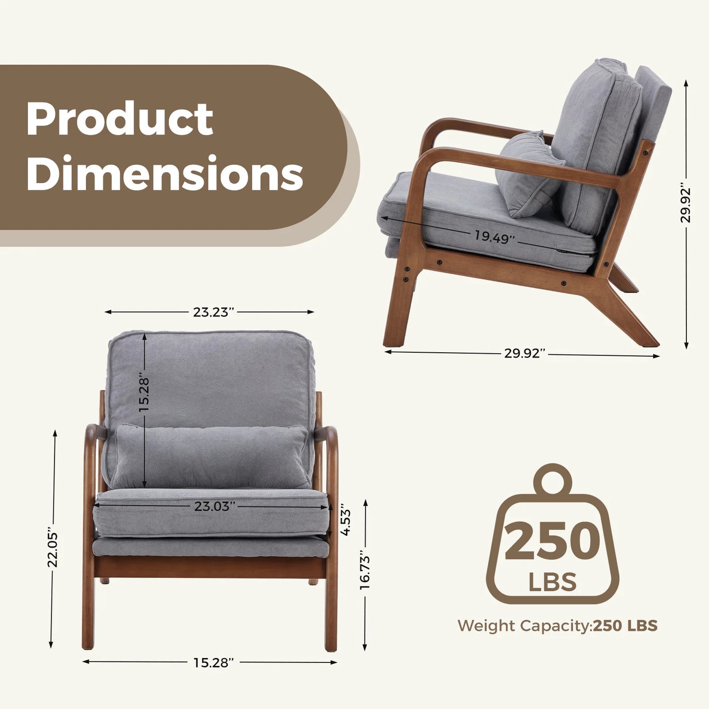 JHK Mid Century Modern Armchair With Solid Wood Frame And Cushioned Armrests